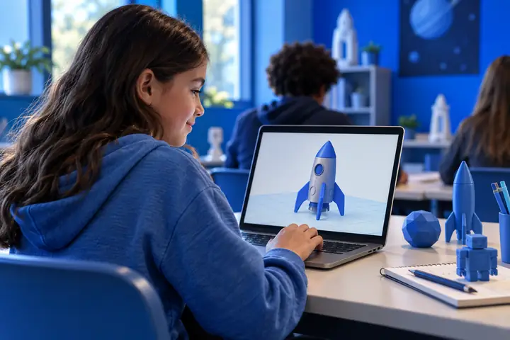 A young girl using a laptop in a classroom.
