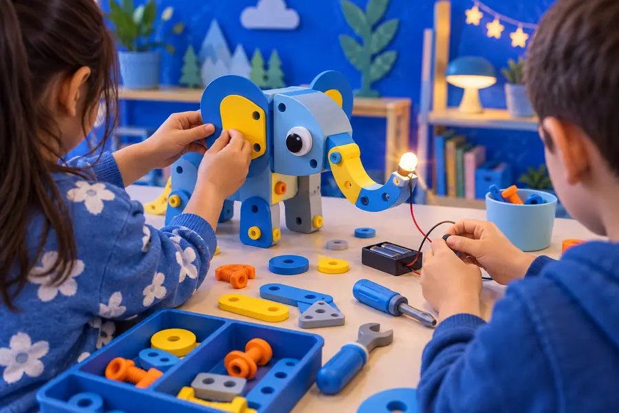 A colorful child-friendly 3D model assembled from simple forms